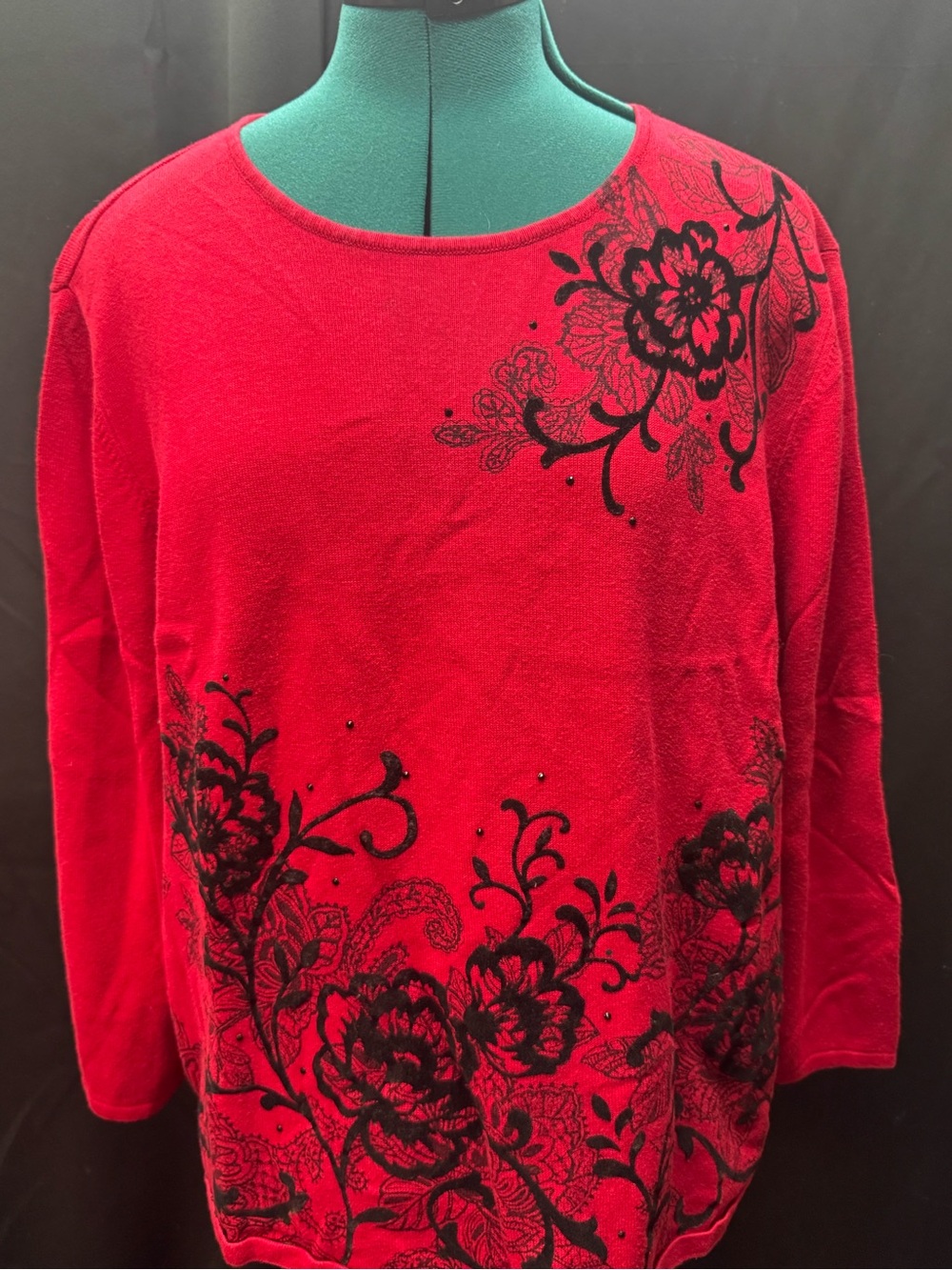 Alfred Dunner Red Scoop Neck Sweater with Black Floral Print